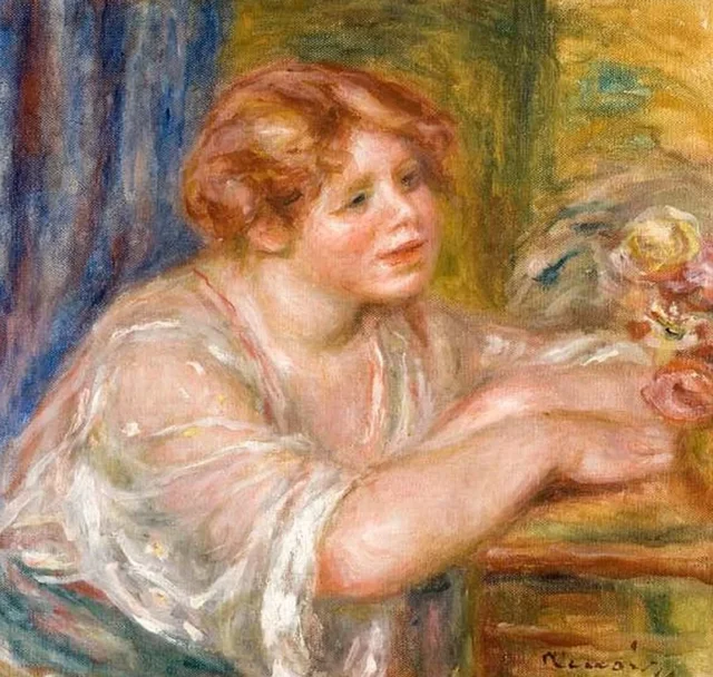 Busto de joven mirando unas flores