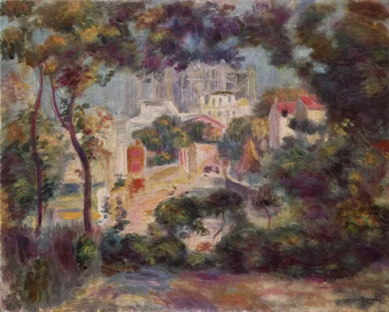 Die Gärten von Montmartre mit Blick auf Sacré-Coeur im Bau