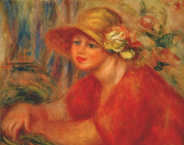 Femme au chapeau à fleurs, corsage rouge et les mains croisées, Pierre-Auguste Renoir