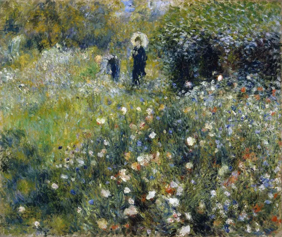 Femme avec parasol dans un jardin