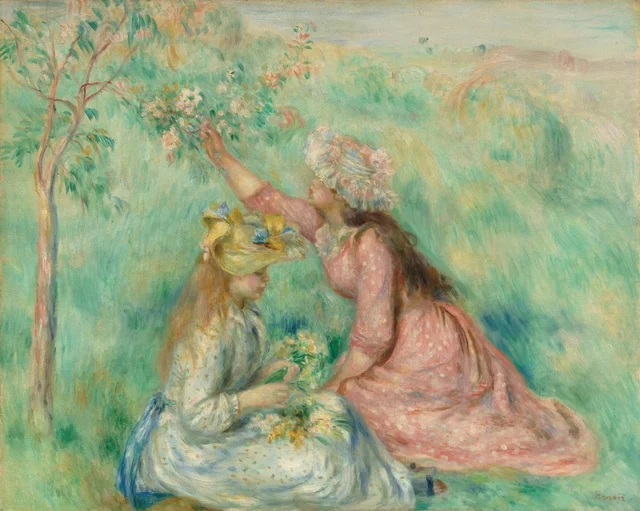 Jóvenes recogiendo flores en un prado
