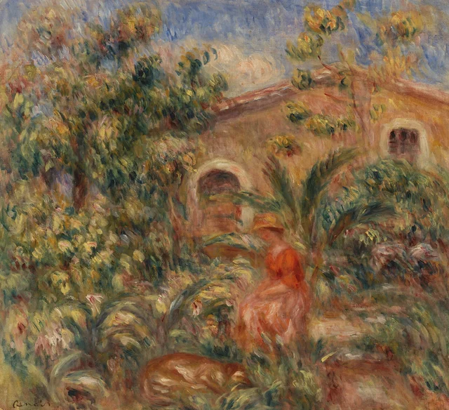 Mujer y perro en un paisaje