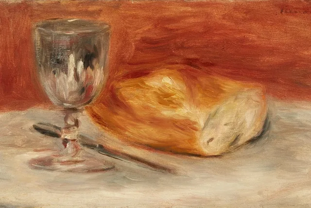 Le verre de vin et la demi-baguette de pain