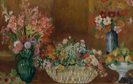 Nature morte au vase de glaïeuls et panier de fleurs