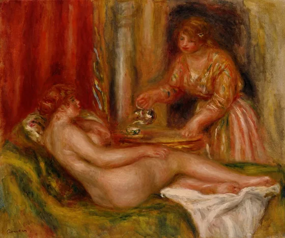 Nu couché et domestique servant du thé