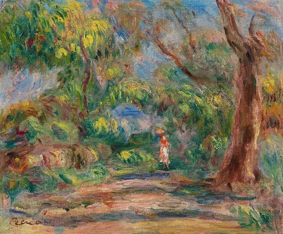 Paysage, allée de ferme avec femme en rouge et blanc