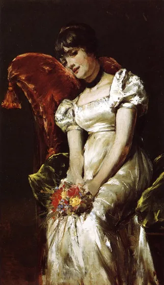 Portrait d'une jeune fille assise tenant un bouquet