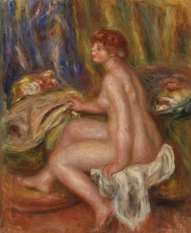 Mujer desnuda sentada, vista de perfil