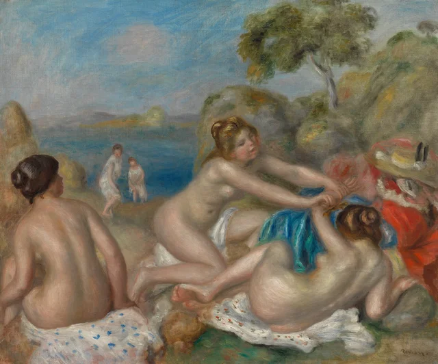 Tres bañistas con cangrejo