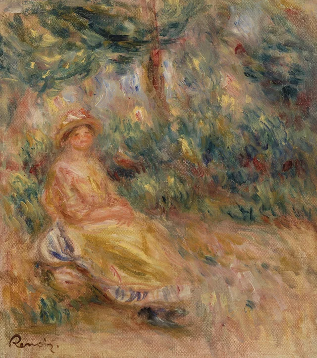 Mujer de rosa y amarillo en un paisaje, Pierre-Auguste Renoir