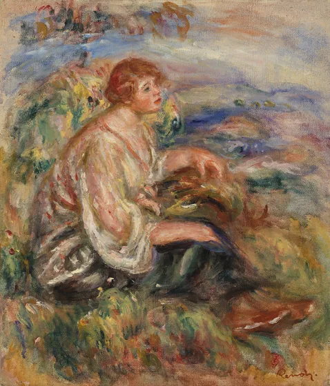 Woman in Tulle Blouse and Black Skirt (Femme en blouse de tulle et en jupe noire dans un paysage)