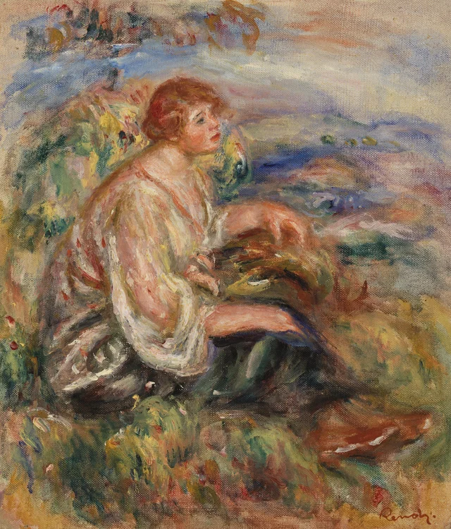 Woman in Tulle Blouse and Black Skirt (Femme en blouse de tulle et en jupe noire dans un paysage), Pierre-Auguste Renoir