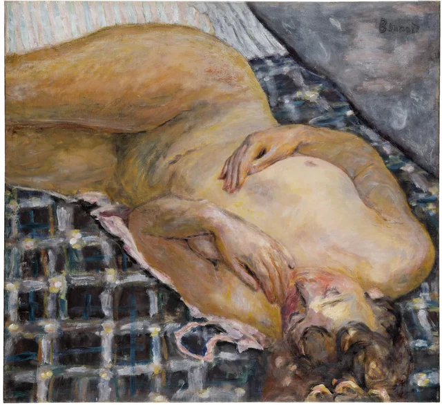 Reclining Nude against a White and Blue Plaid, Pierre Bonnard