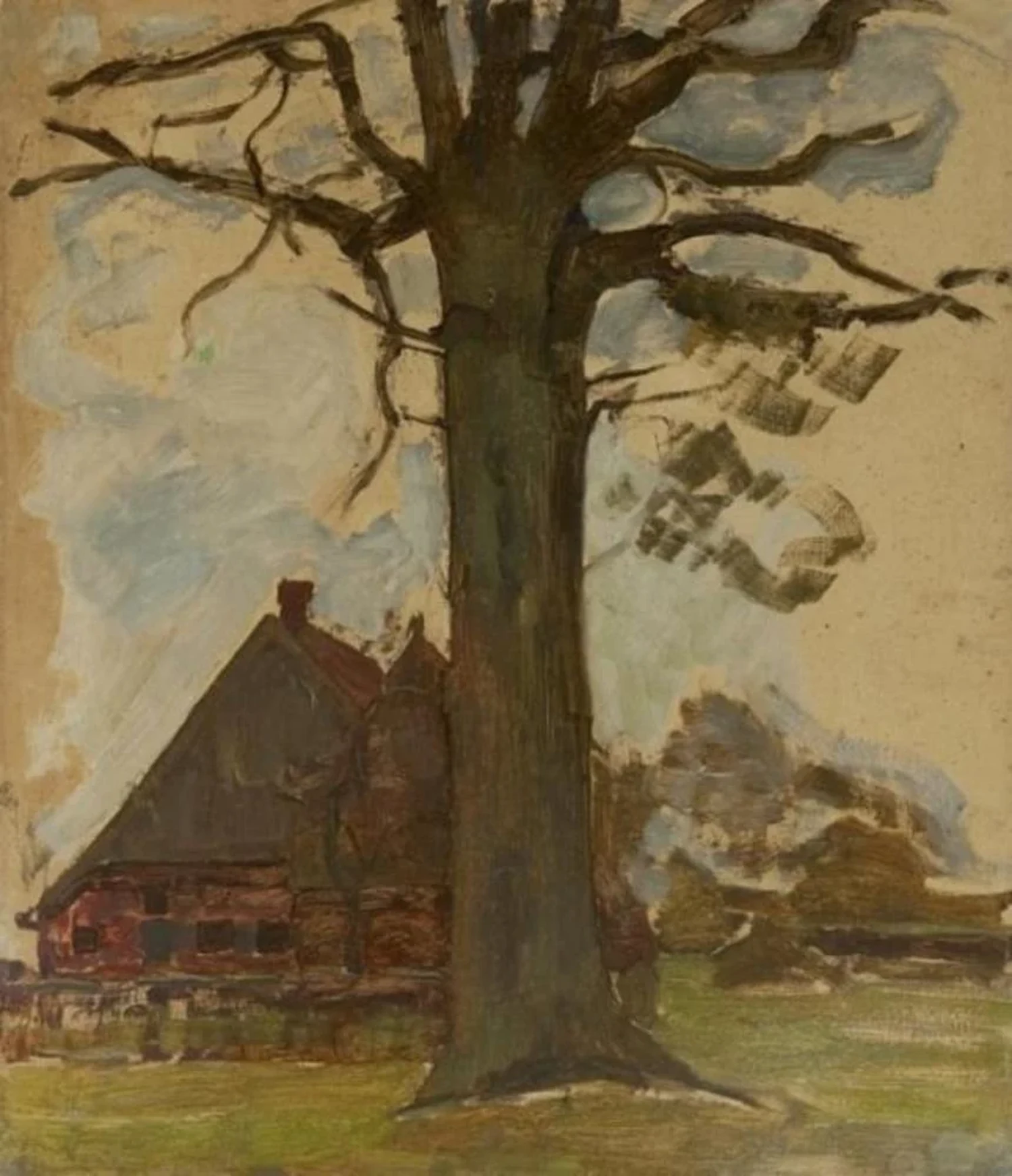 Farmstead façade with leafless oak, Piet Mondrian