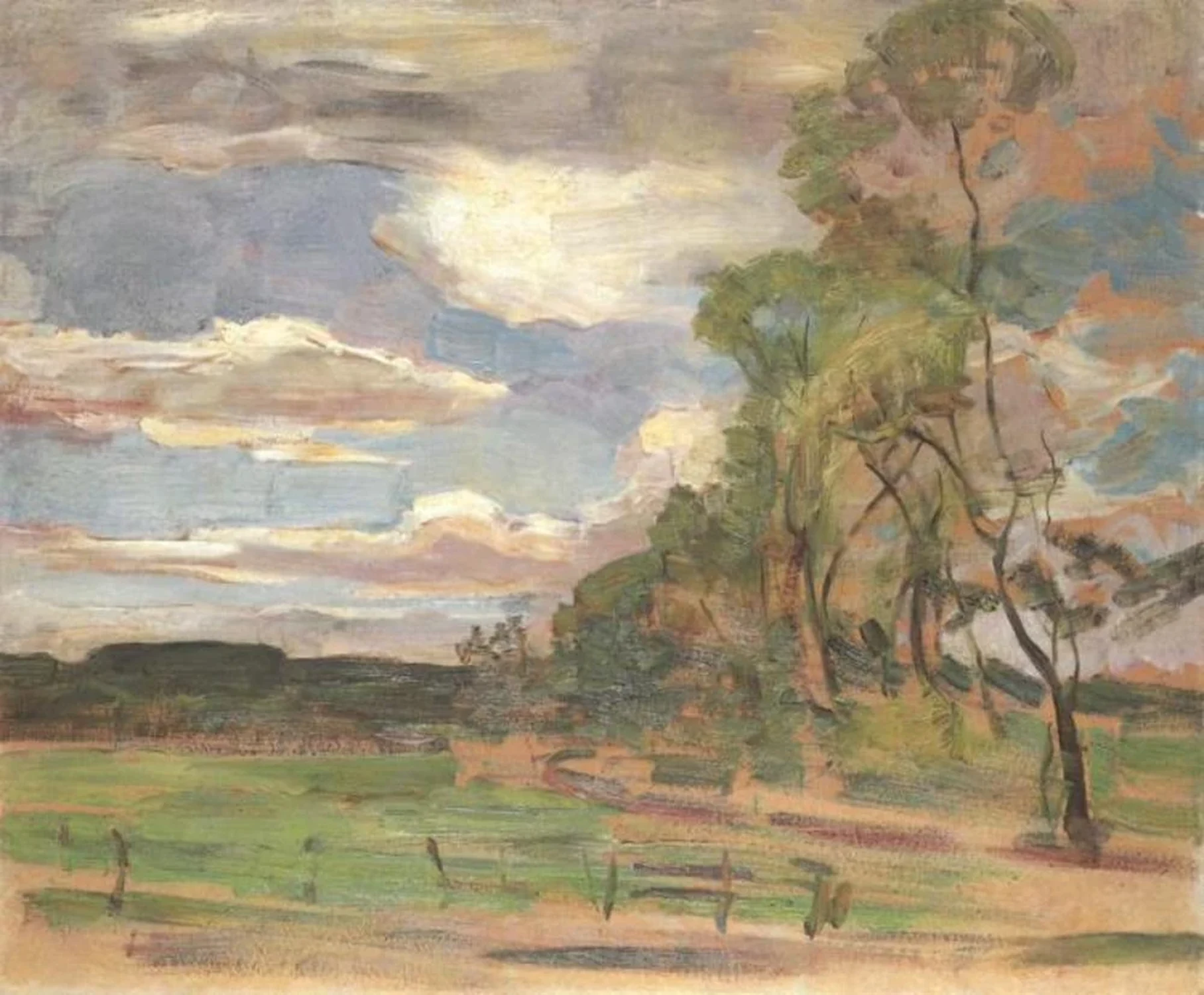 Field with gate and trees at right, Piet Mondrian