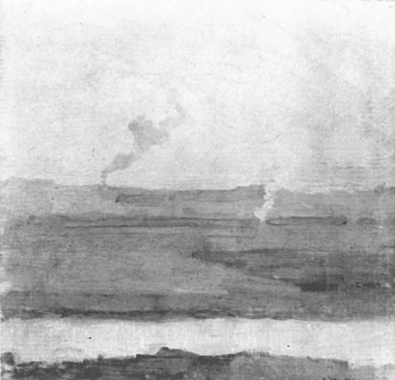 Polder landscape, smoke rising in background, Piet Mondrian