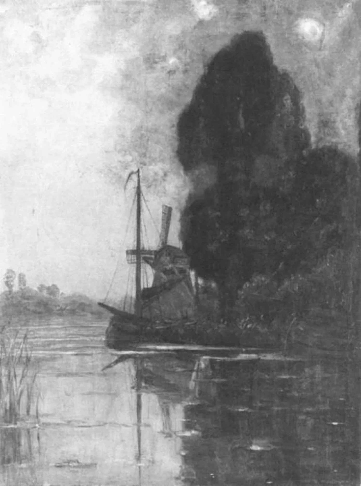 Windmill with tall trees and moored barges, Piet Mondrian