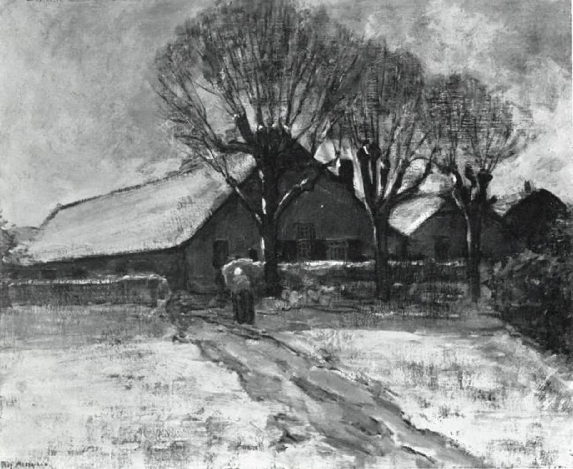 Winter landscape with three farm buildings, Piet Mondrian