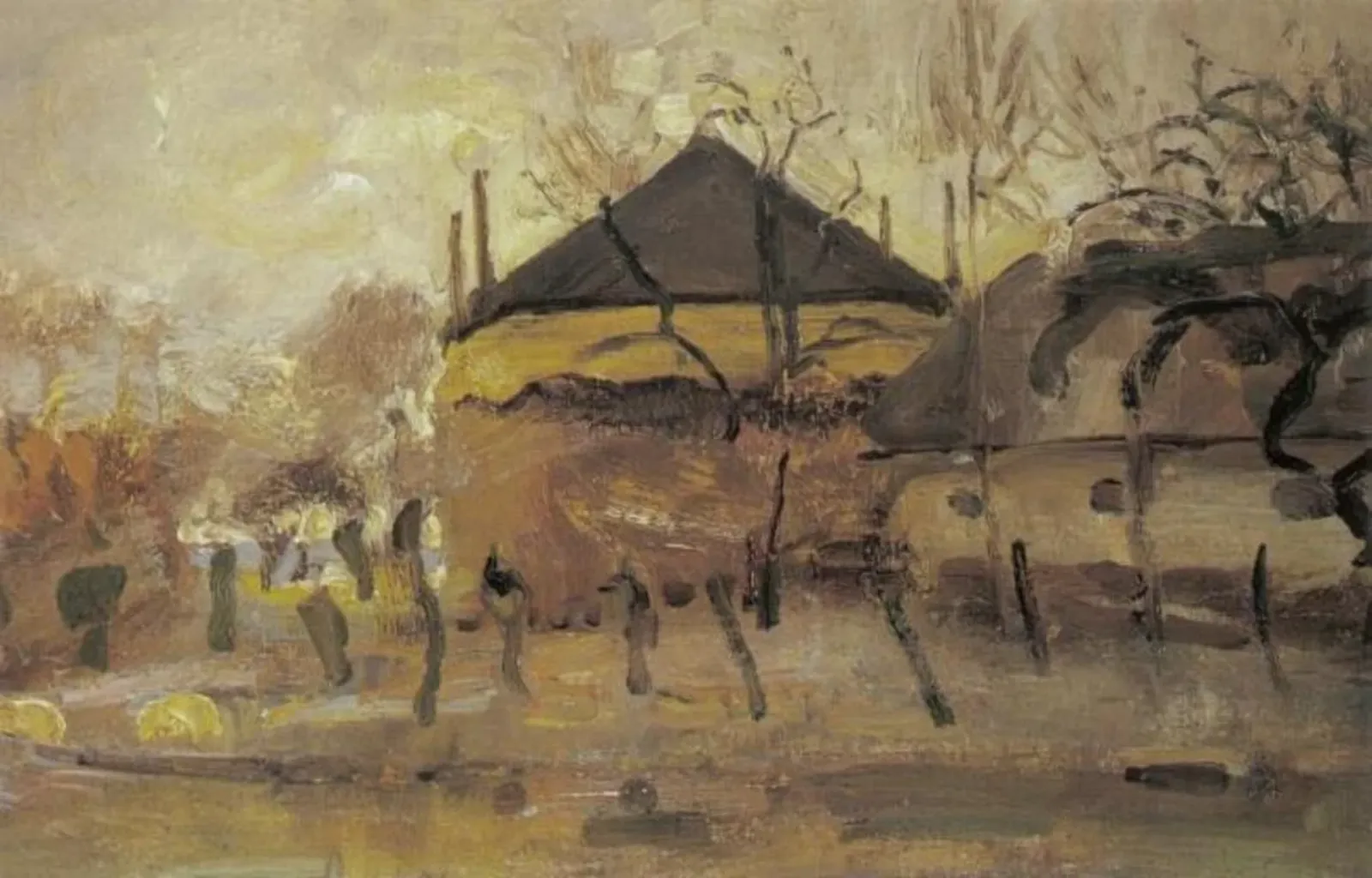 Grange et meule de foin derrière une rangée de saules, Piet Mondrian