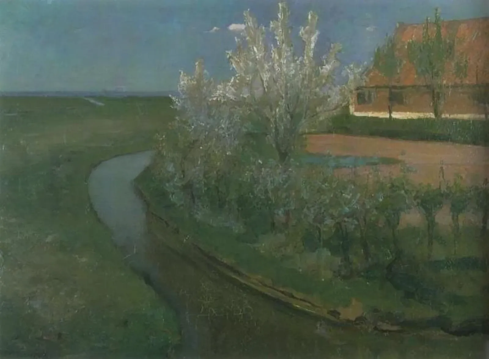 Curved irrigation ditch bordering farmyard with flowering trees, Piet Mondrian