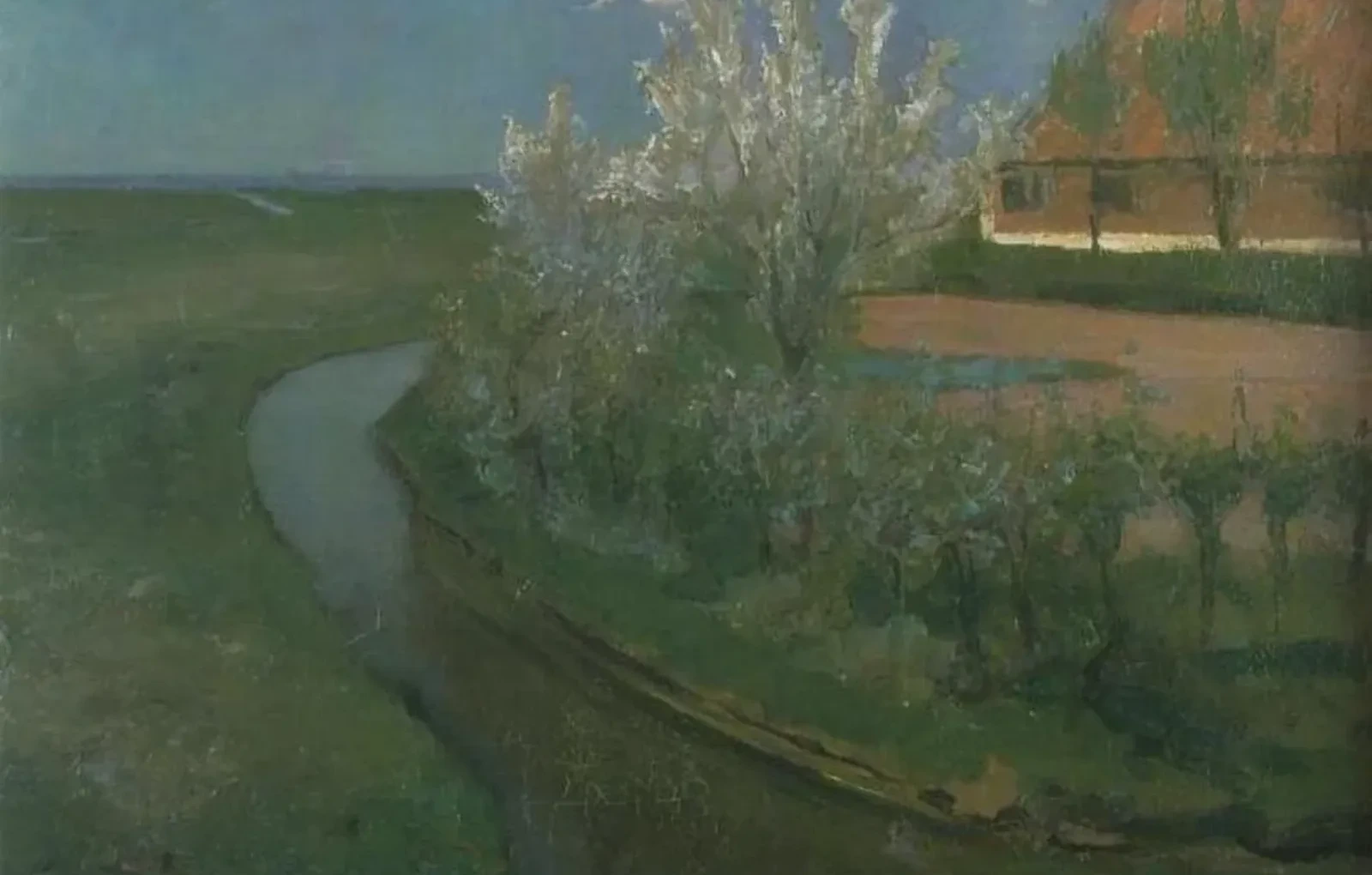 Curved irrigation ditch bordering farmyard with flowering trees, Piet Mondrian