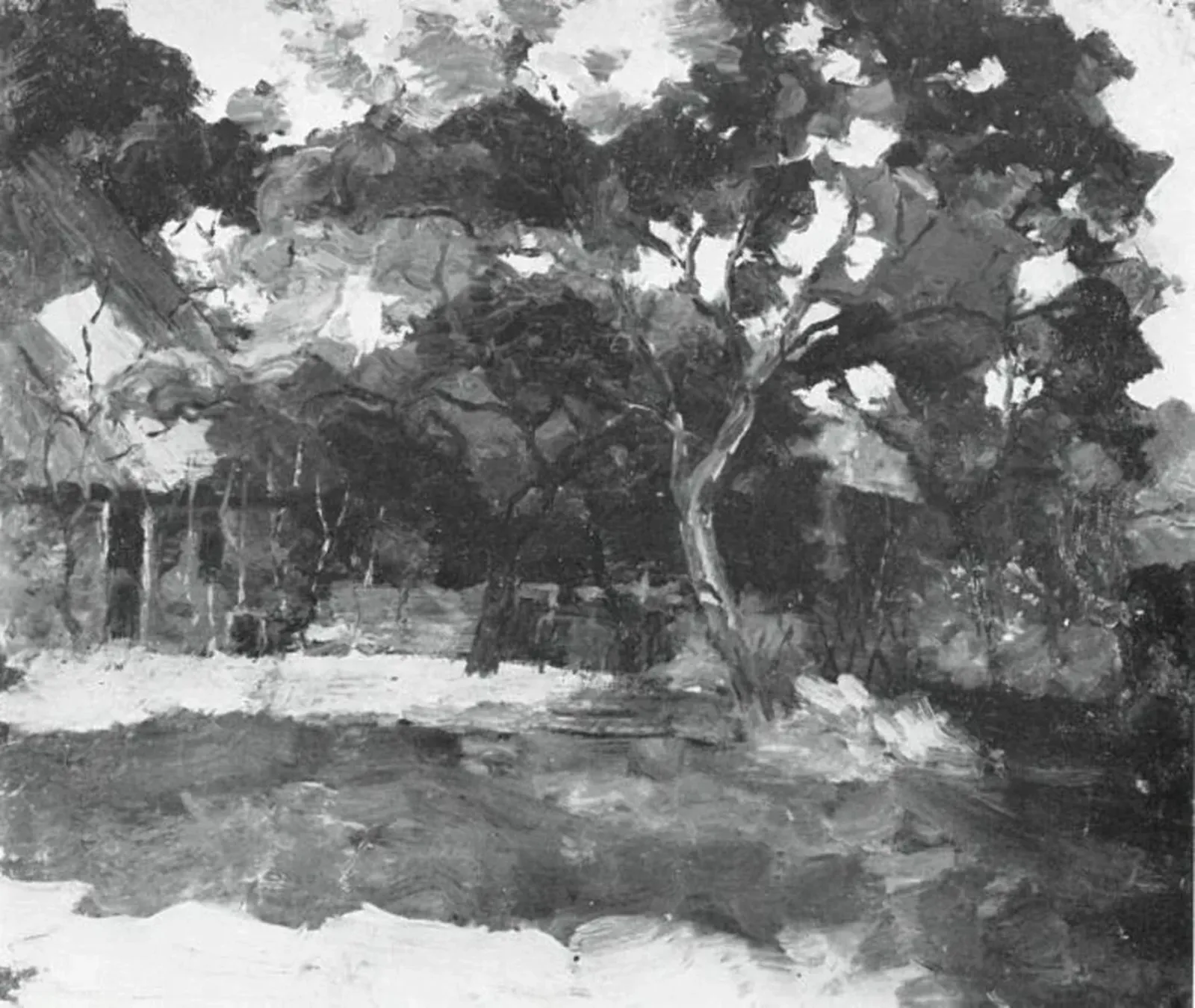 Farm buildings in Het Gooi, veiled by trees, Piet Mondrian