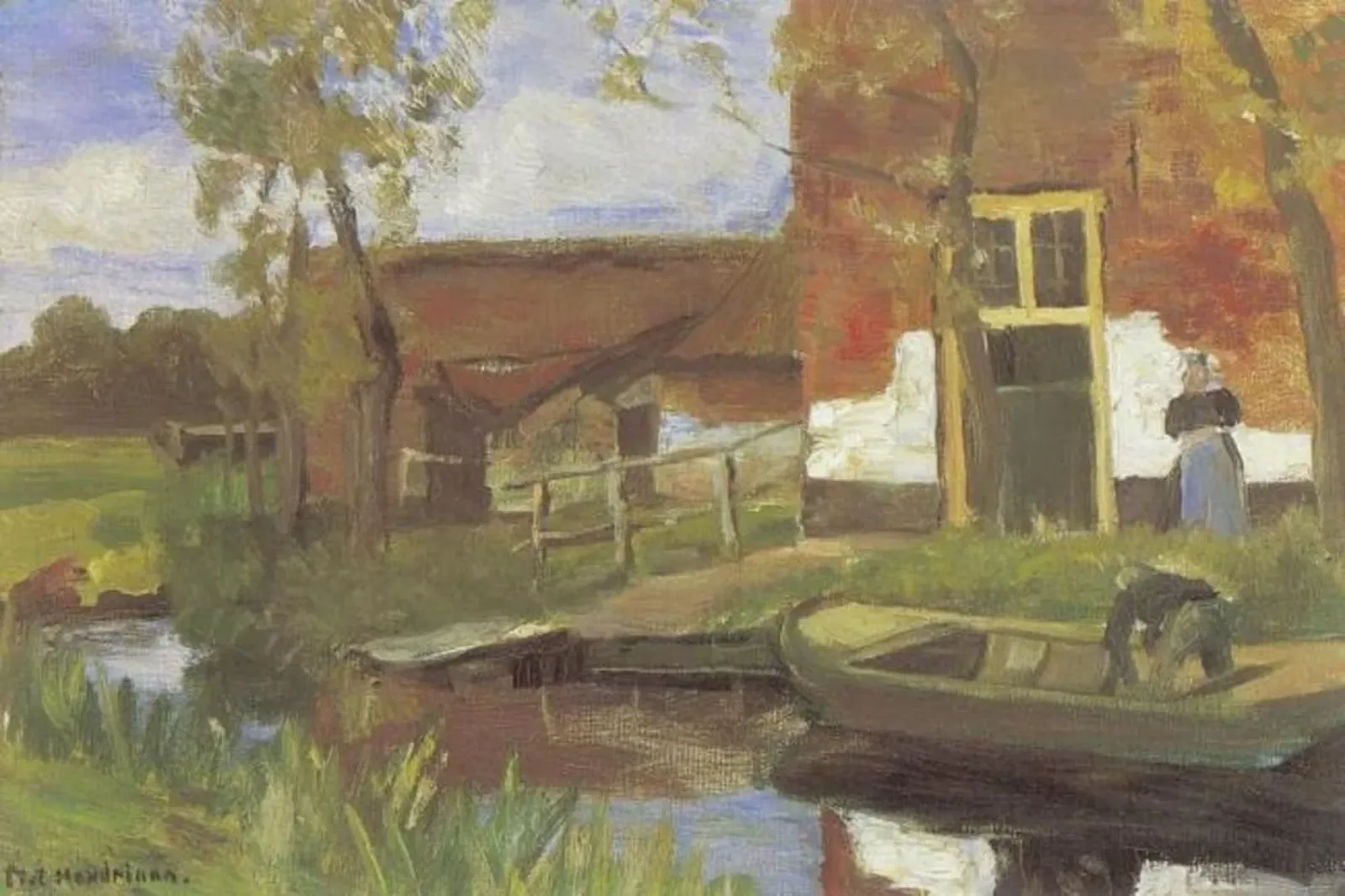 Farm buildings near a canal with small boat, Piet Mondrian