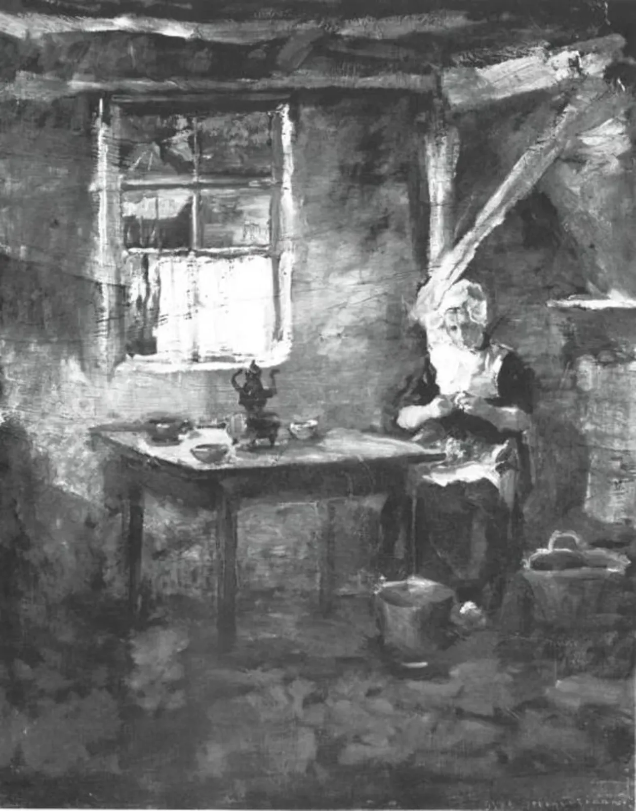 Farm interior with woman peeling potatoes, Piet Mondrian