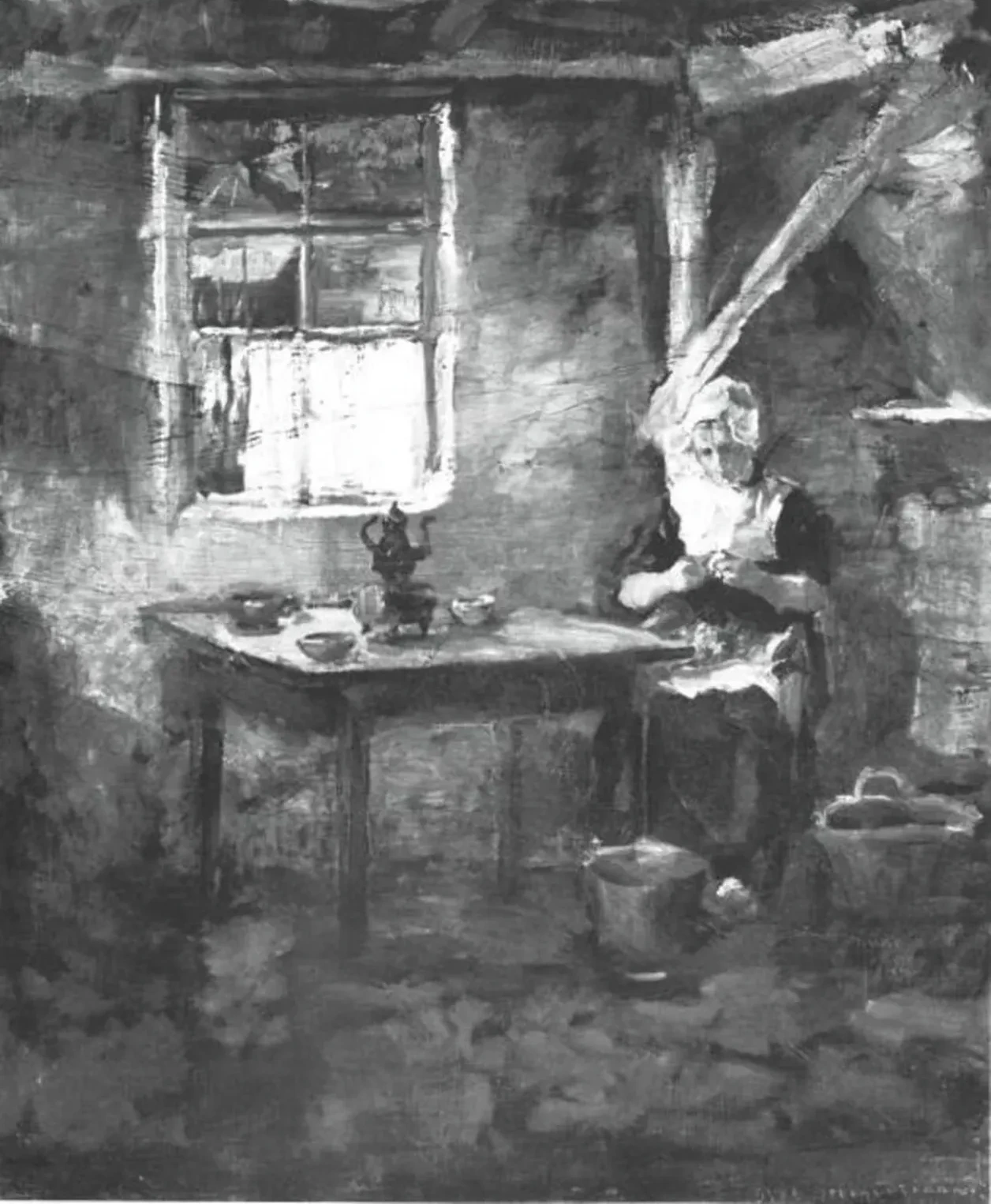 Farm interior with woman peeling potatoes, Piet Mondrian