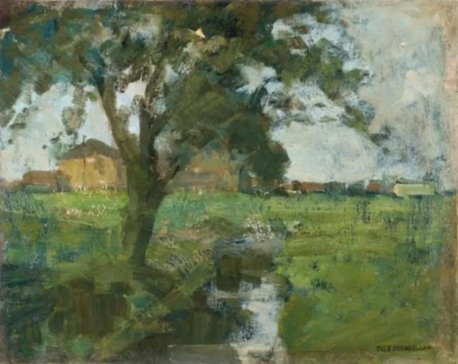 Farm setting with foreground tree and irrigation ditch, Piet Mondrian