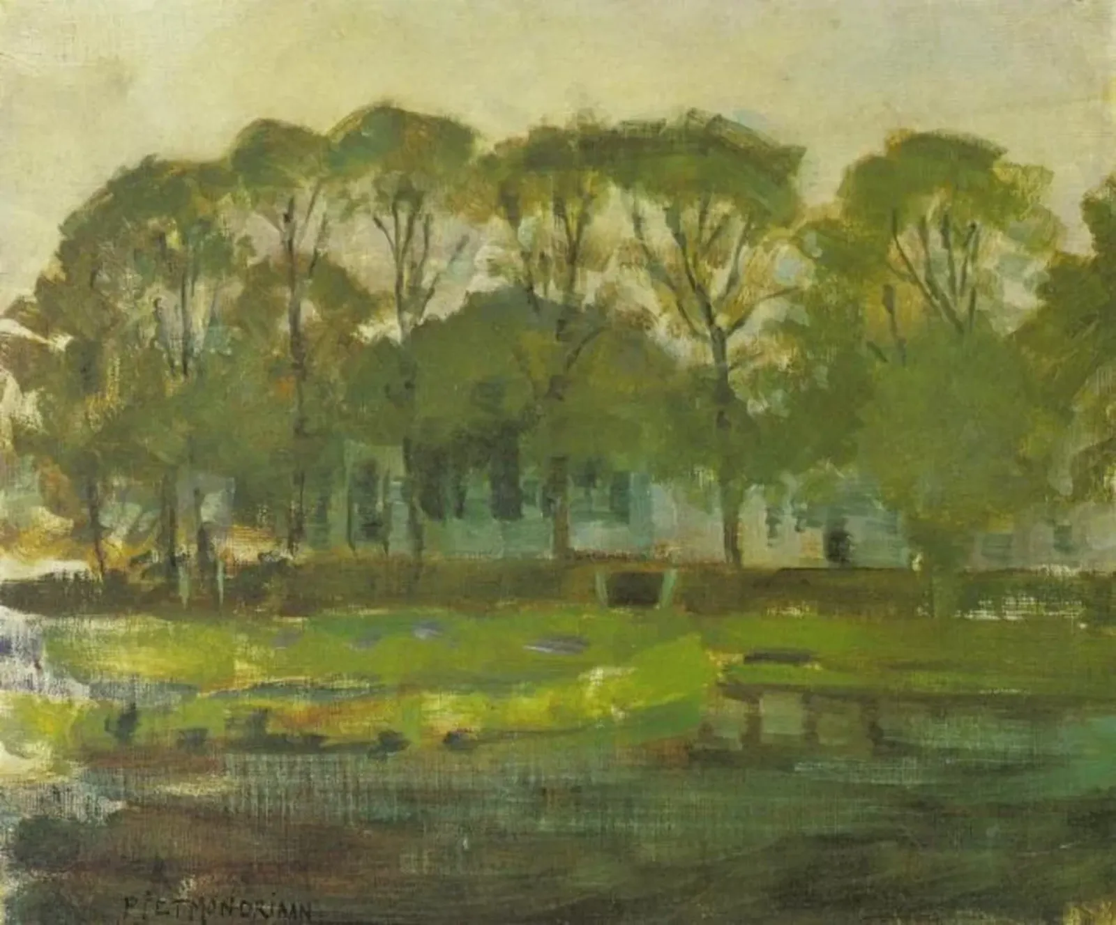 Farmhouse along the water shielded by arch of trees II, Piet Mondrian