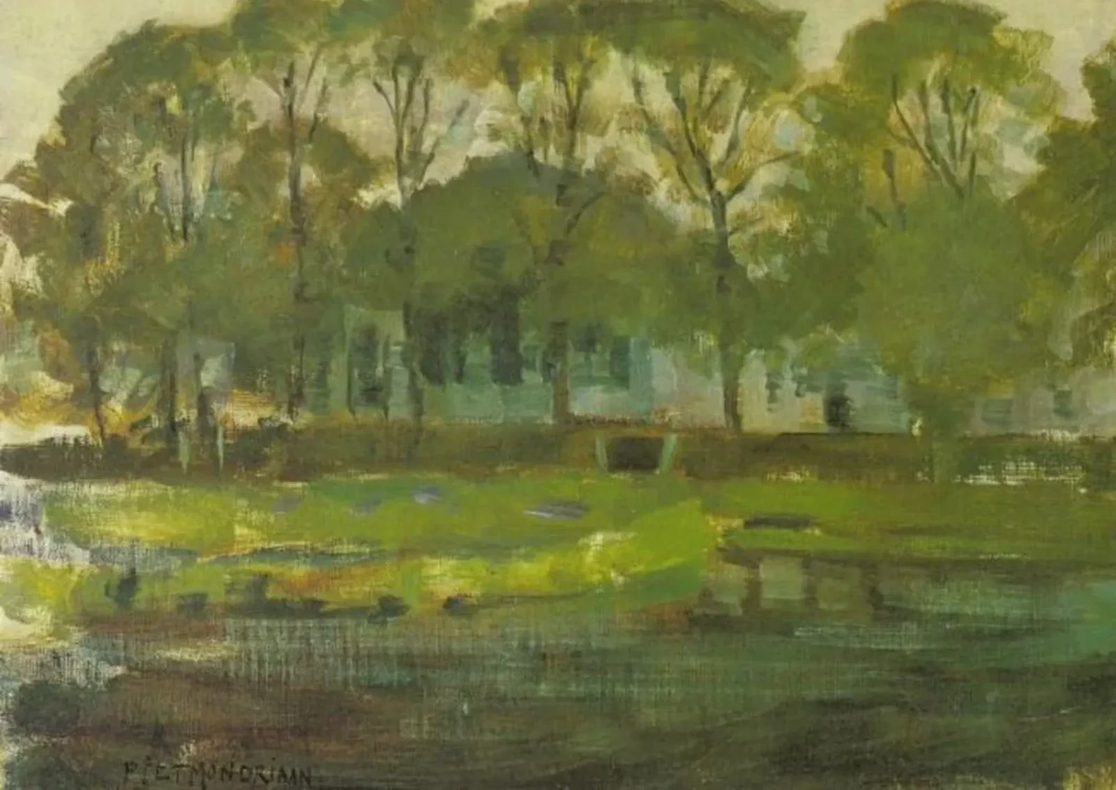 Farmhouse along the water shielded by arch of trees II, Piet Mondrian