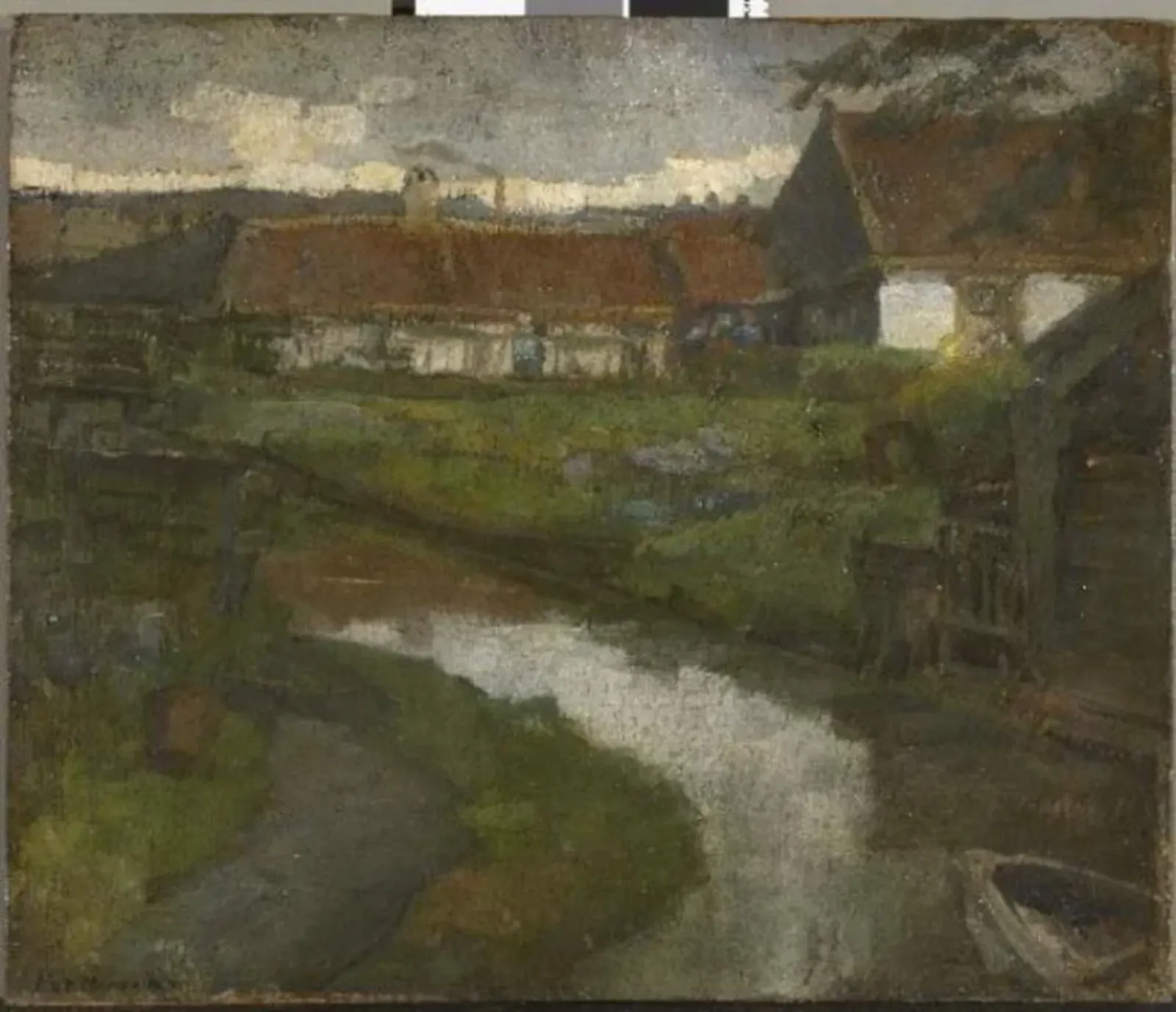 Farmstead and irrigation ditch with prow of rowboat, Piet Mondrian