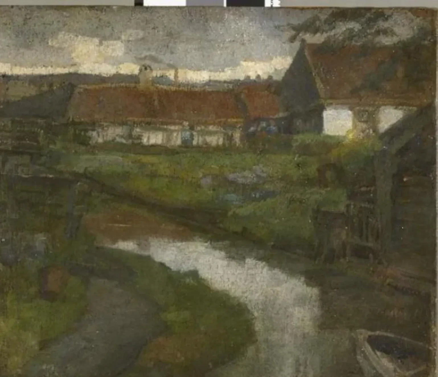 Farmstead and irrigation ditch with prow of rowboat, Piet Mondrian