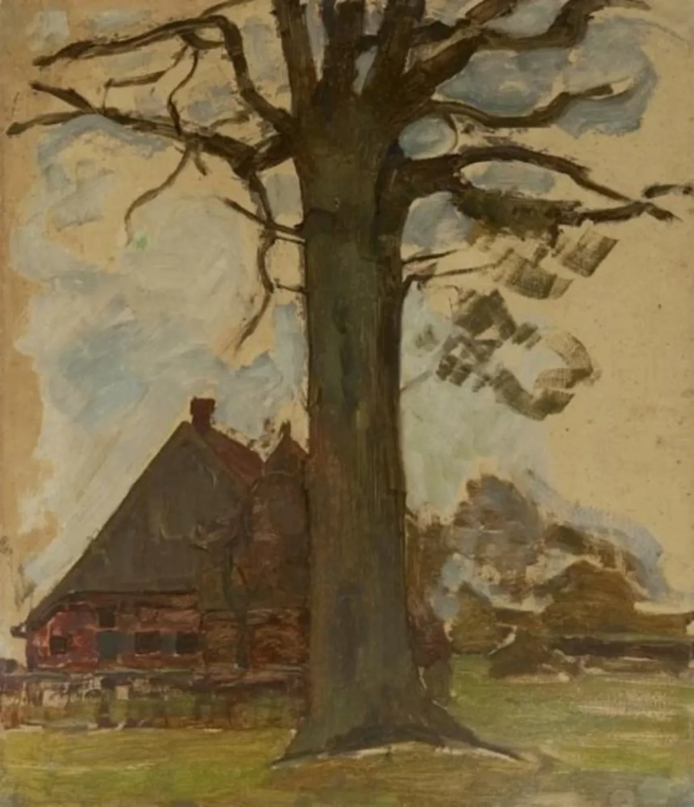 Farmstead façade with leafless oak, Piet Mondrian