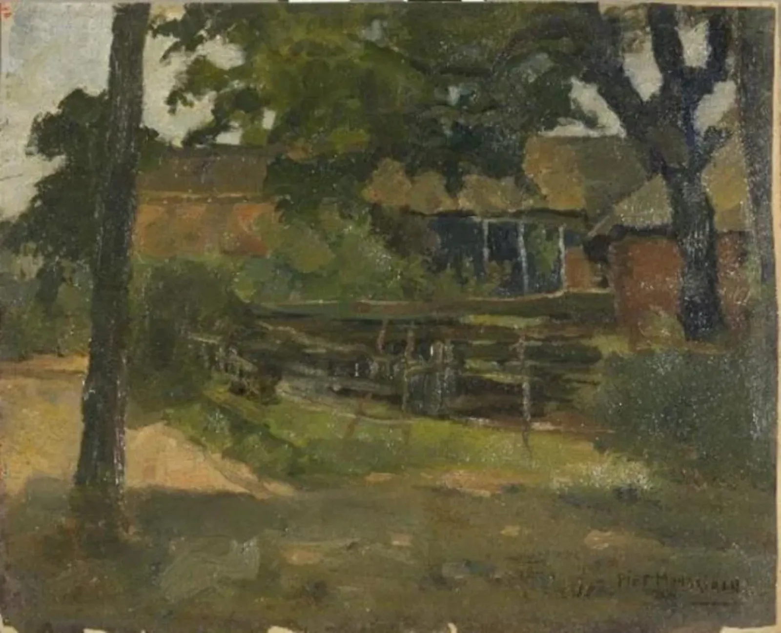 Farmstead in Het Gooi, viewed between trees and over fence, Piet Mondrian