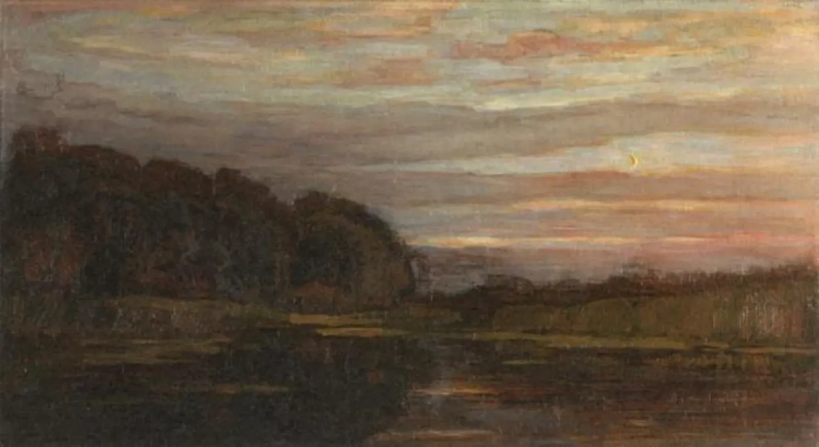Farmstead on the Gein screened by tall trees: greenish streaks sky with crescent moon, Piet Mondrian