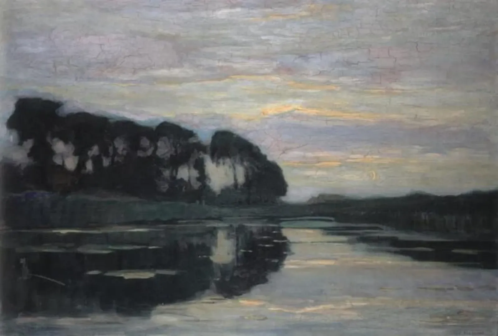Farmstead on the Gein screened by tall trees: ultramarine sky with yellow ray of sunset, Piet Mondrian