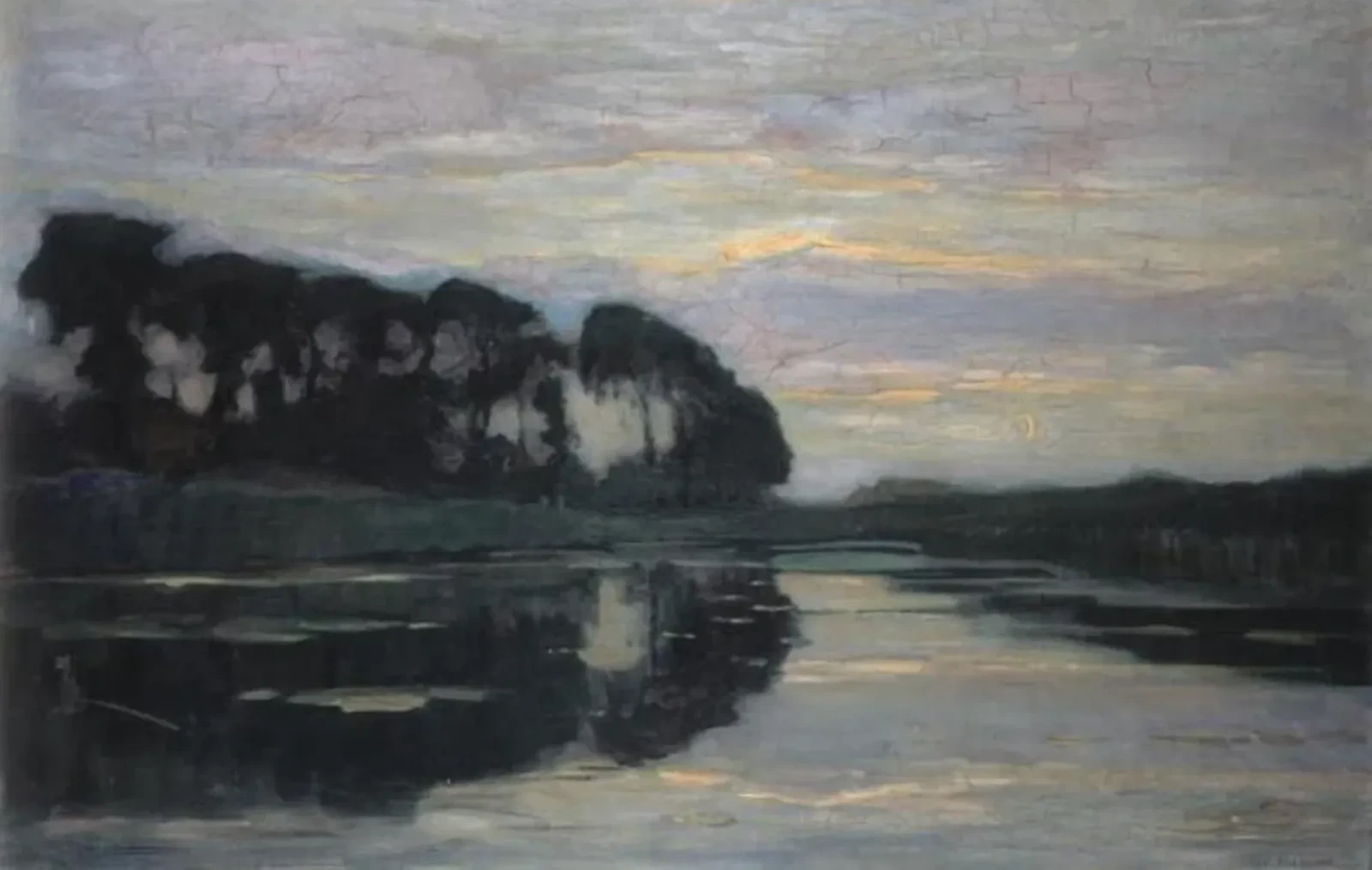 Farmstead on the Gein screened by tall trees: ultramarine sky with yellow ray of sunset, Piet Mondrian