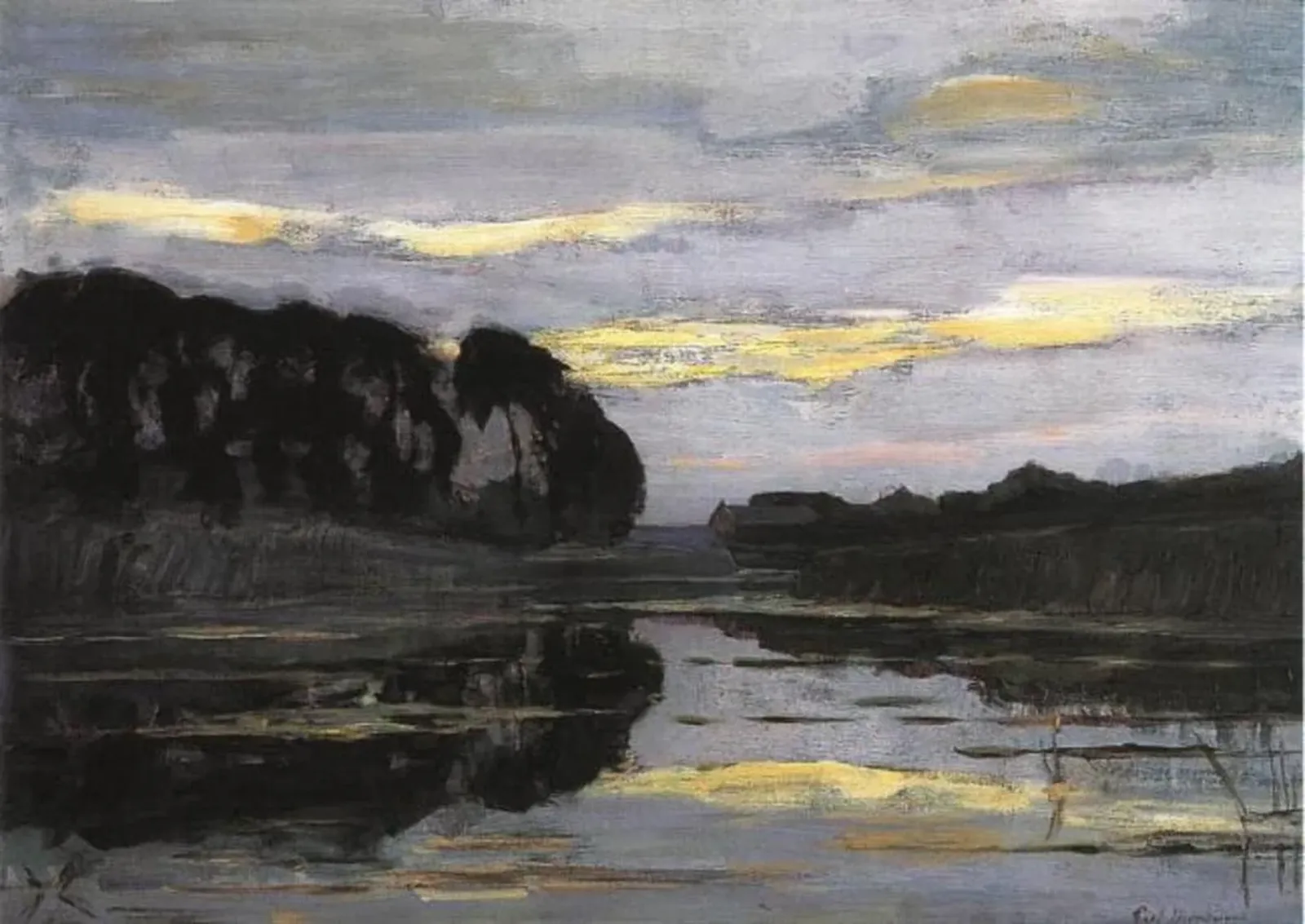 Farmstead on the Gein screened by tall trees with streaked sky, Piet Mondrian