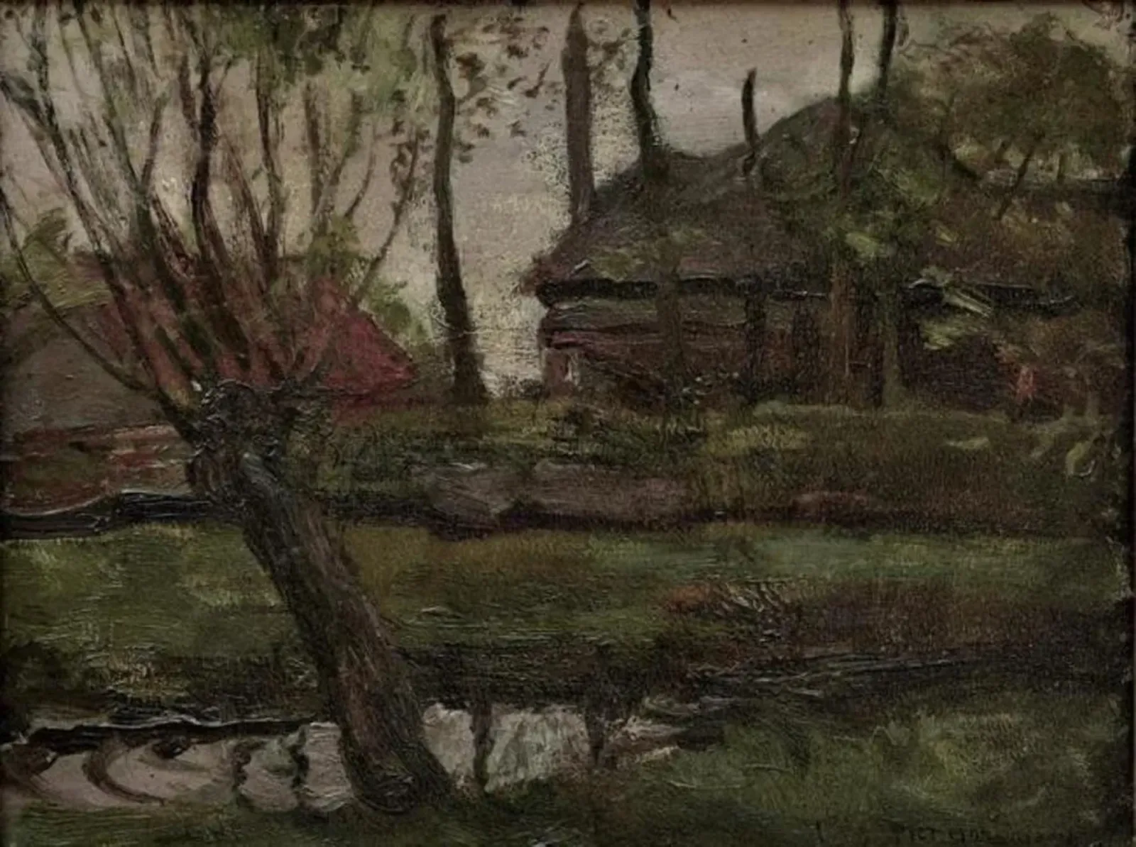 Farmyard sketch with pollarded willow at left, Piet Mondrian