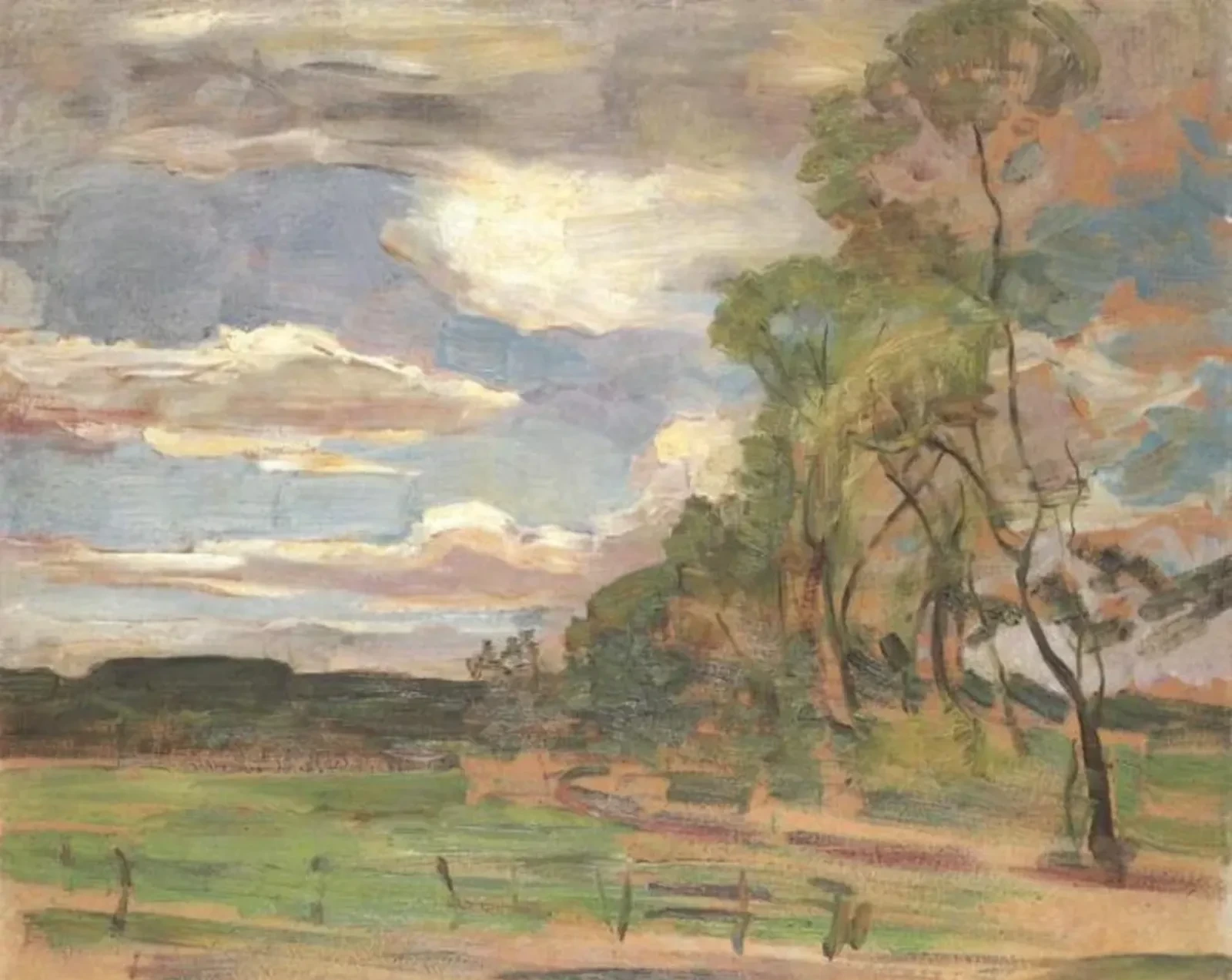 Field with gate and trees at right, Piet Mondrian