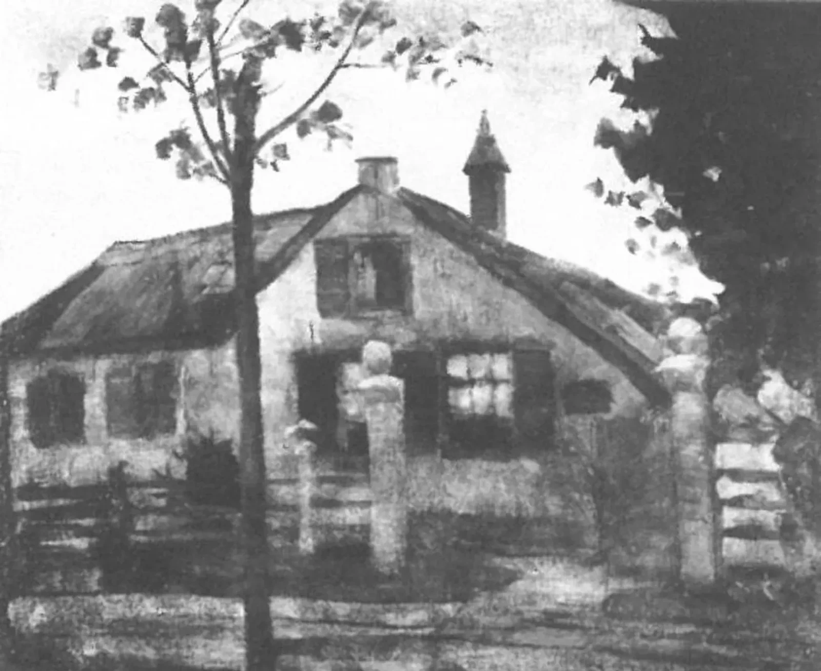 Gabled farmhouse façade with large gateposts, Piet Mondrian