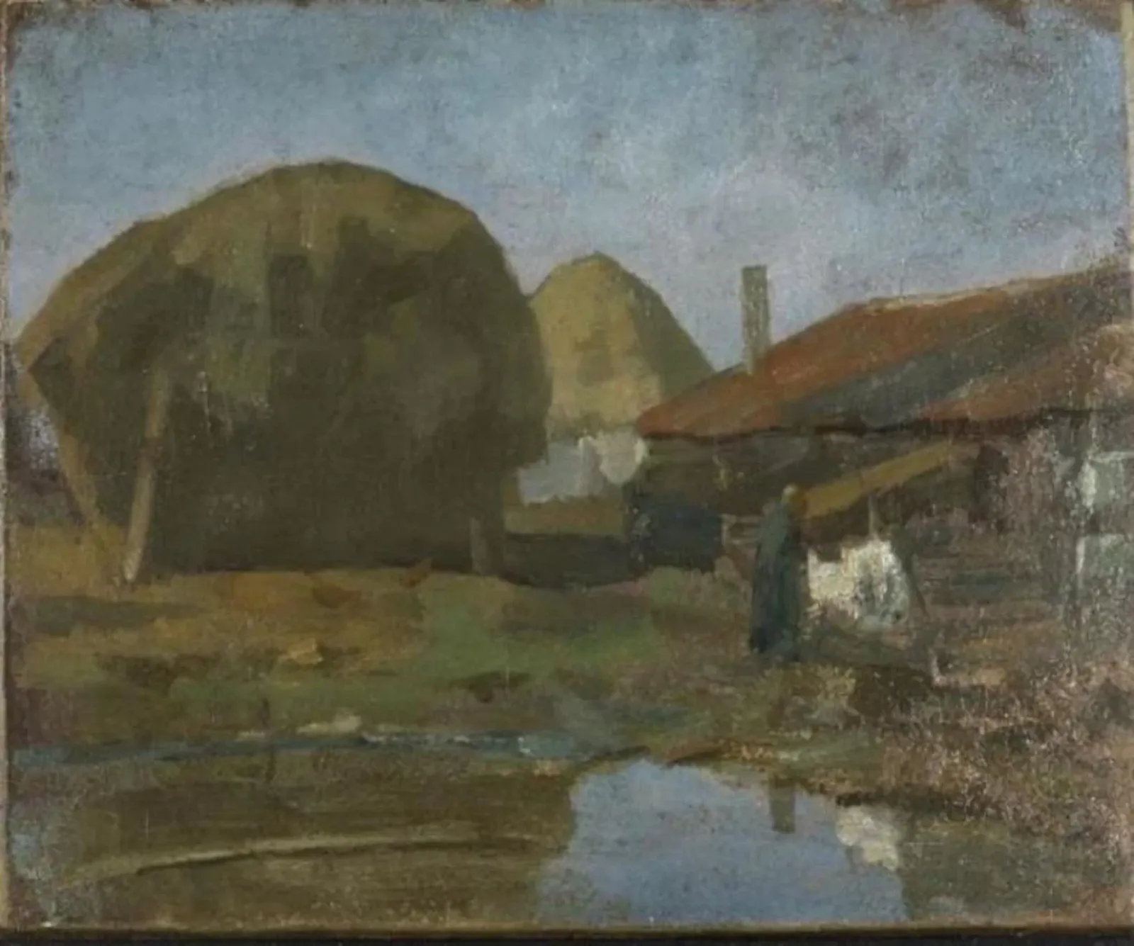 Haystacks, farm building and farm woman with the wash, Piet Mondrian