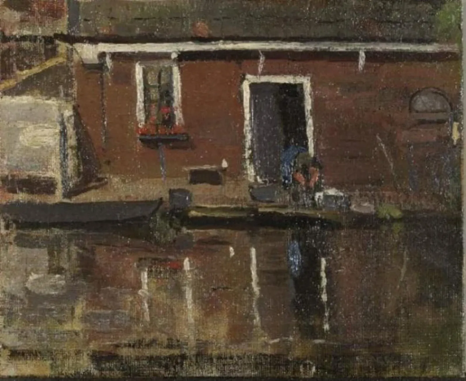 House façade on the water with woman washing, Piet Mondrian