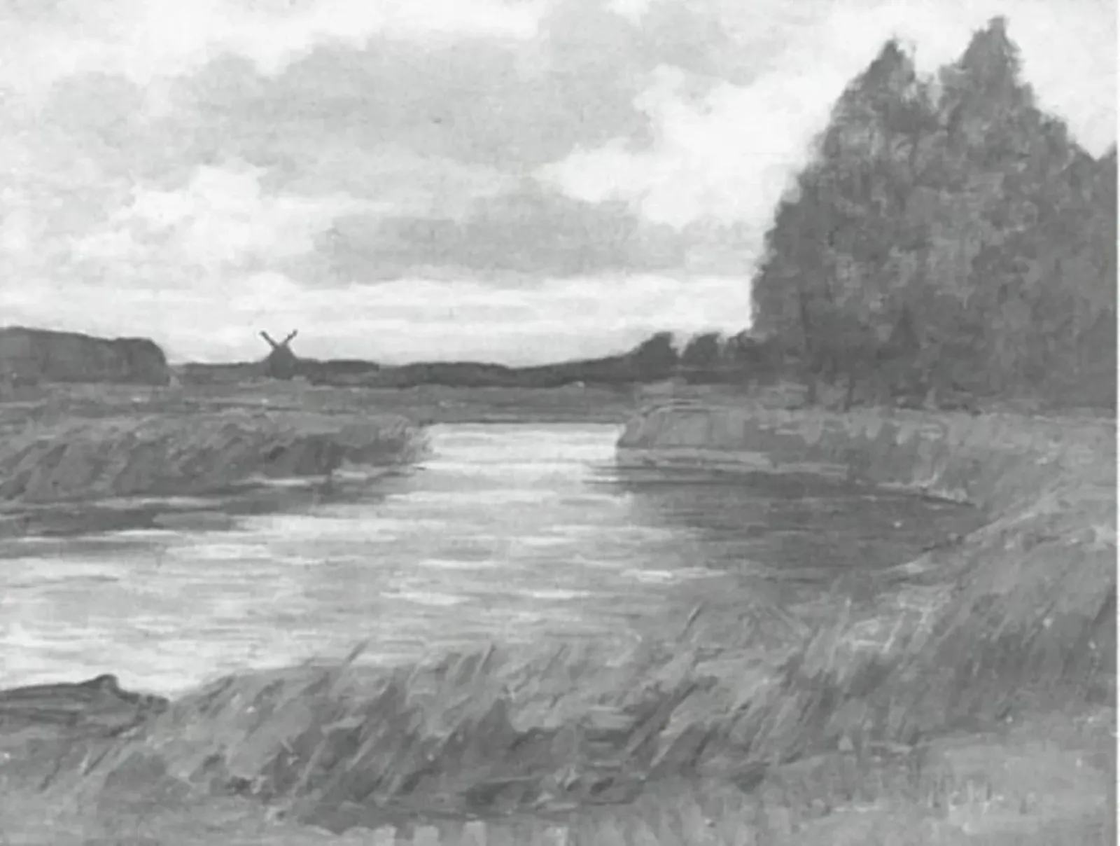 Meandering river, windmill in the distance, Piet Mondrian