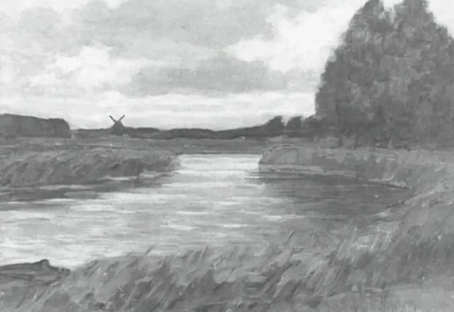 Meandering river, windmill in the distance, Piet Mondrian