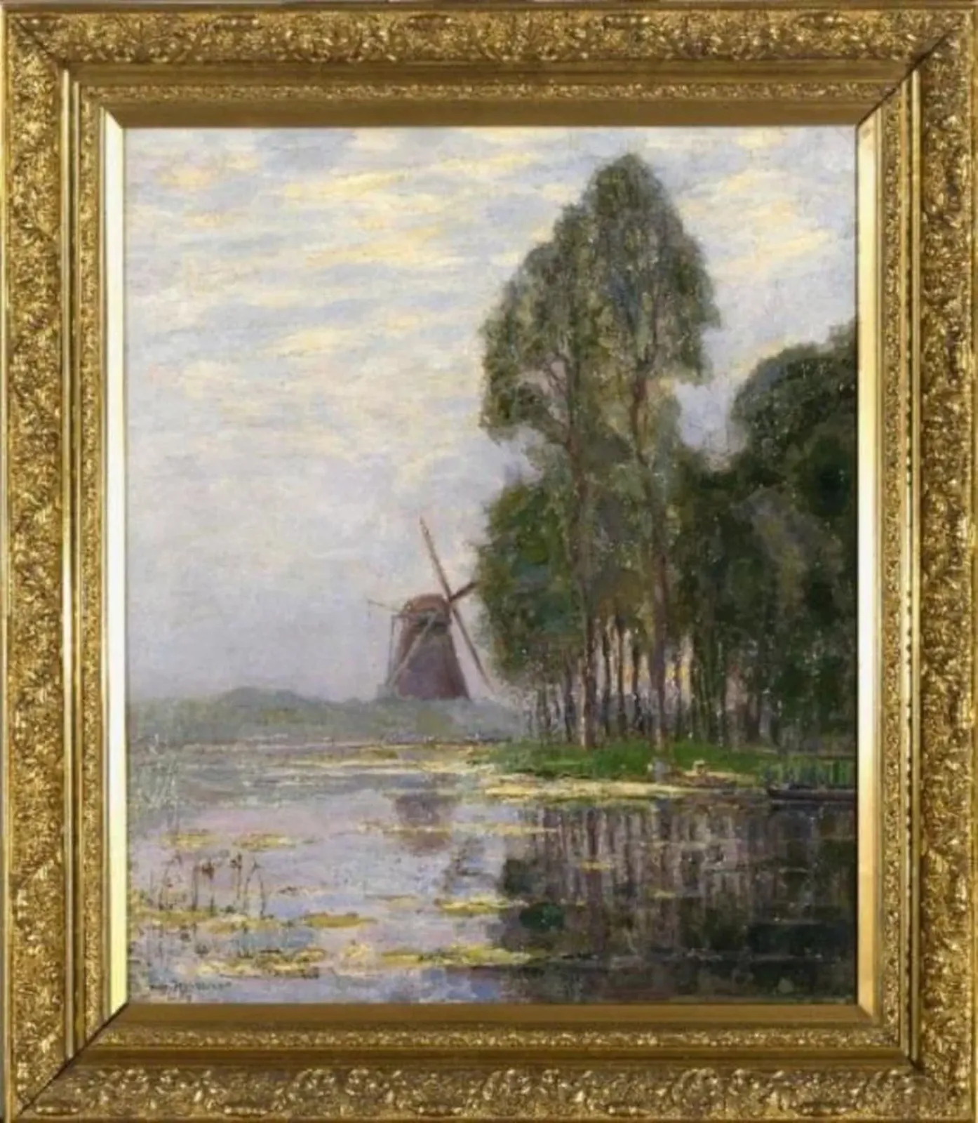 Mill near tall trees with bright color reflections, Piet Mondrian