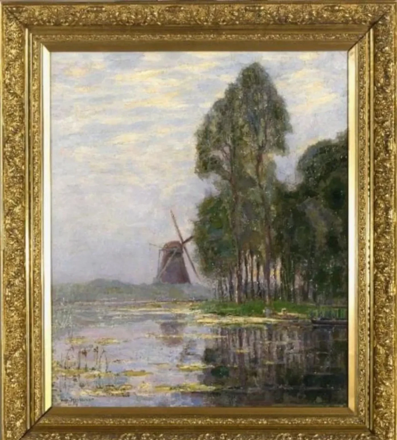 Mill near tall trees with bright color reflections, Piet Mondrian
