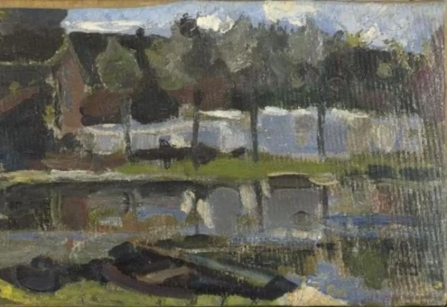Narrow farm building and trees along the water, Piet Mondrian